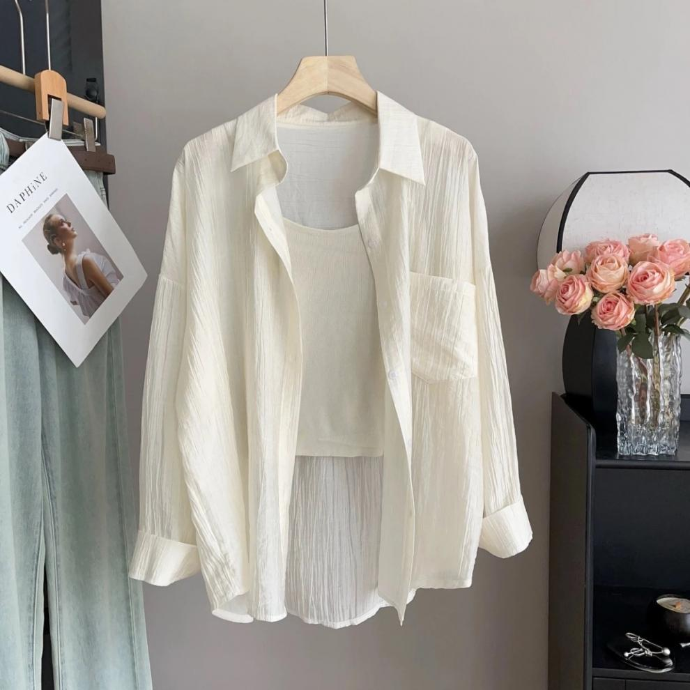 Tencel Wrinkled Thin Sun Protection Shirt for Women — 2025 Spring & Summer Cardigan Jacket, High-End Air-Conditioned Shirt in Cream / apricot