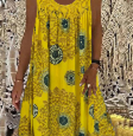 2026 European & American Women's Digital Print Off-Shoulder Strap Loose Lace Casual Dress in Yellow