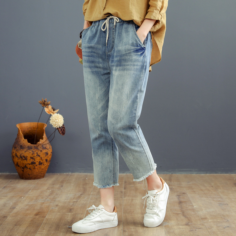 Women's Ripped Artistic Embroidery Capri Jeans — Elasticated High Waist Loose Plus Size in Pale wash — raw hem
