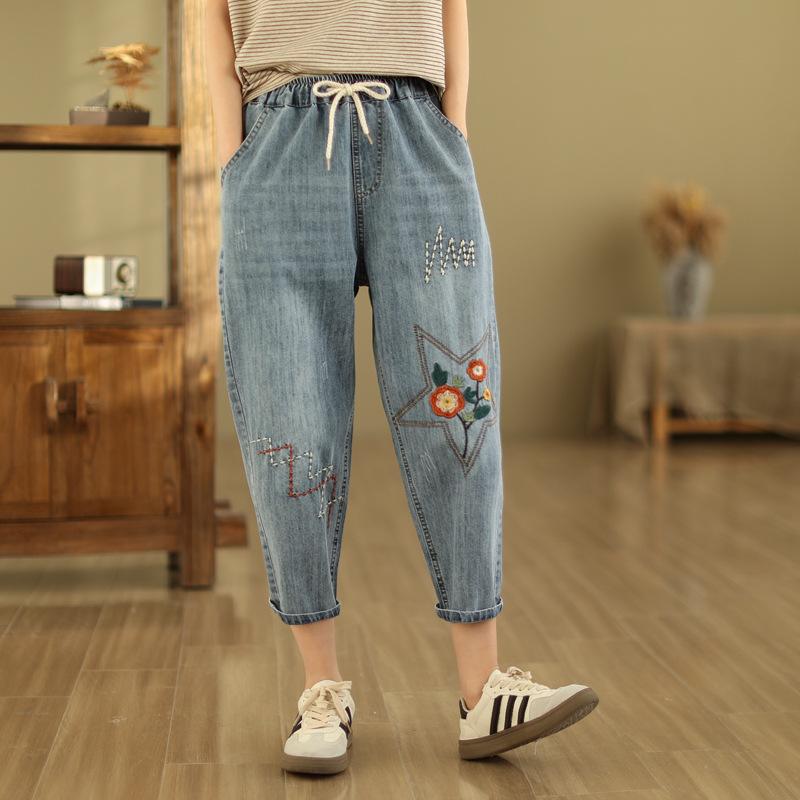 Women's Ripped Artistic Embroidery Capri Jeans — Elasticated High Waist Loose Plus Size in Light blue — star embroidery