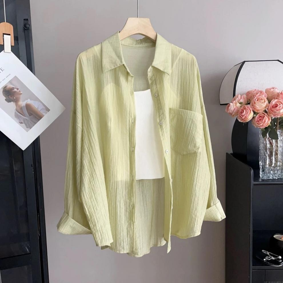 Tencel Wrinkled Thin Sun Protection Shirt for Women — 2025 Spring & Summer Cardigan Jacket, High-End Air-Conditioned Shirt in Light green