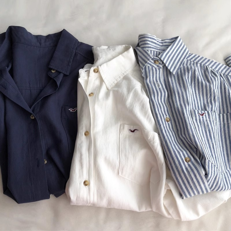 2026 Spring & Autumn Korean Style Commuter Shirt for Women — Turn-Down Collar, Pocket, Embroidery, Single-Breasted Long Sleeve in Navy blue