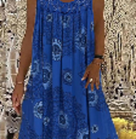 2026 European & American Women's Digital Print Off-Shoulder Strap Loose Lace Casual Dress in Brilliant Blue