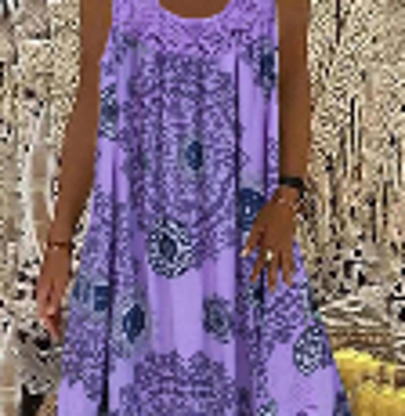 2026 European & American Women's Digital Print Off-Shoulder Strap Loose Lace Casual Dress in Purple