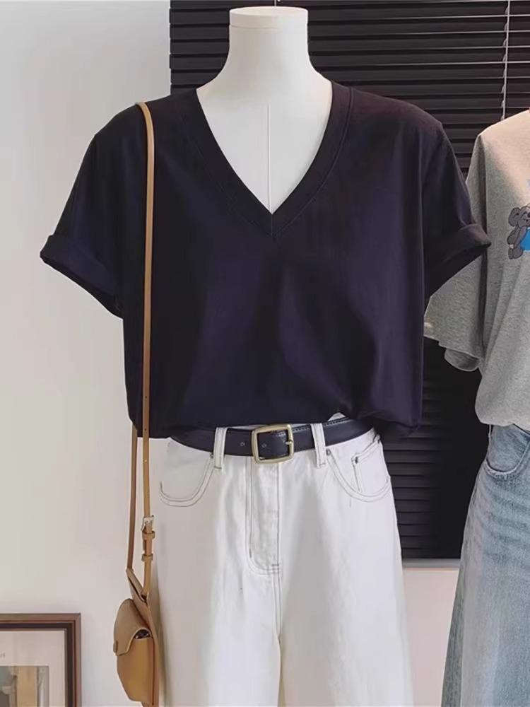 White Shoulder Short-sleeved Women's T-shirt Summer 2025 New Top — Korean Loose V-neck Base Shirt (Plus Size) in Navy