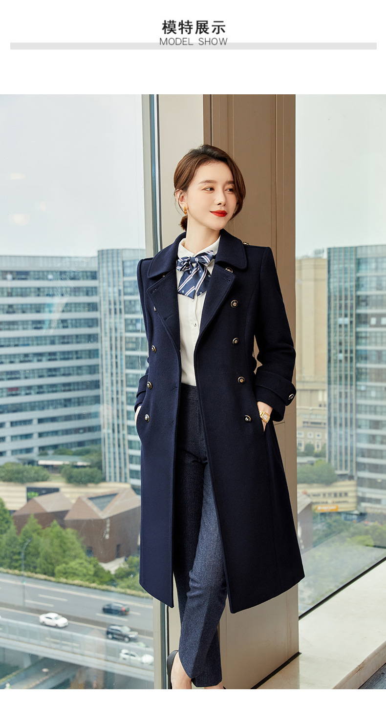Jewelry Store Professional Wool Coat for Women — Mid-Length Woolen Work Uniform in Navy — model view