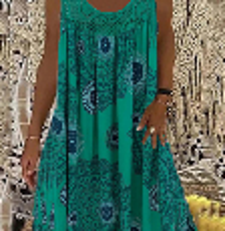 2026 European & American Women's Digital Print Off-Shoulder Strap Loose Lace Casual Dress in Green