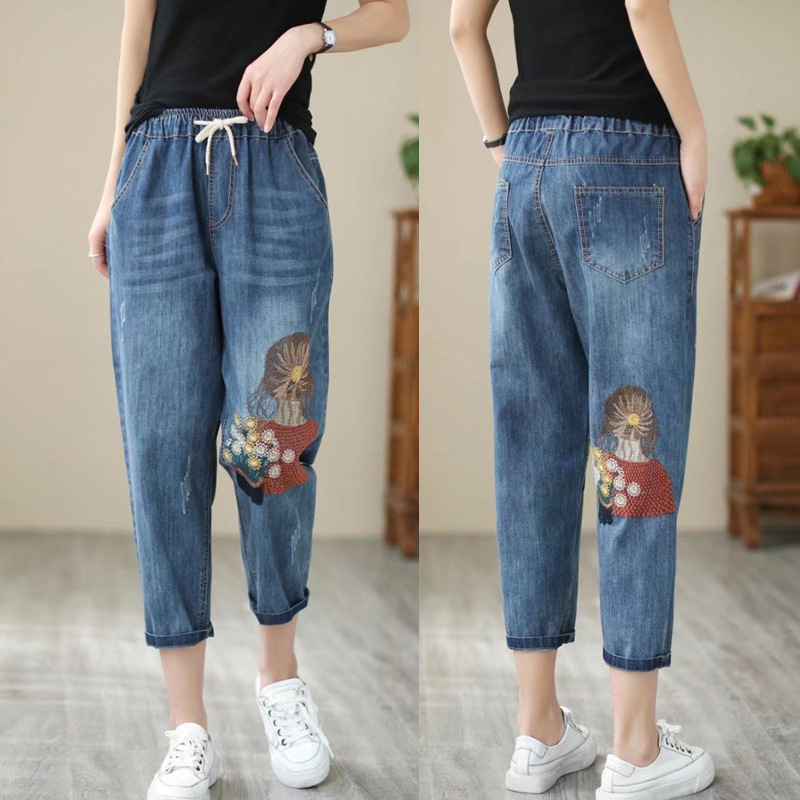 Women's Ripped Artistic Embroidery Capri Jeans — Elasticated High Waist Loose Plus Size in Deep blue — girl embroidery