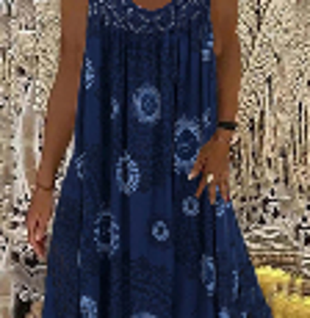 2026 European & American Women's Digital Print Off-Shoulder Strap Loose Lace Casual Dress in Navy blue