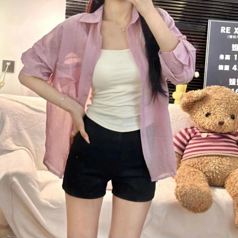 Tencel Wrinkled Thin Sun Protection Shirt for Women — 2025 Spring & Summer Cardigan Jacket, High-End Air-Conditioned Shirt in Pink