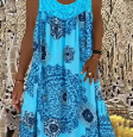 2026 European & American Women's Digital Print Off-Shoulder Strap Loose Lace Casual Dress in Light Blue