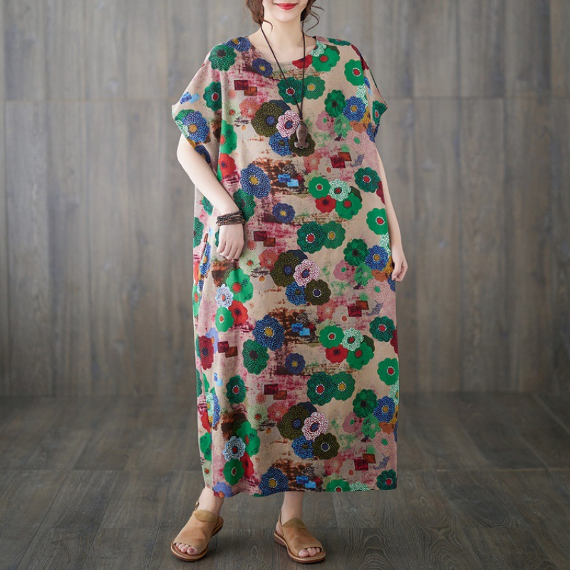 Ethnic Elements Cotton & Linen Robe Dress — Artistic Retro Mid-length Dress