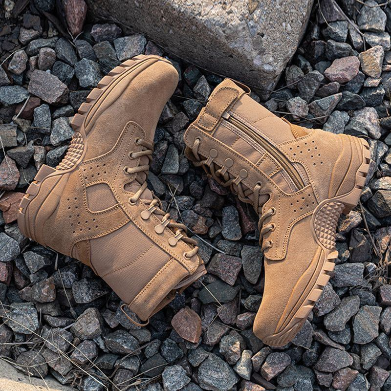 Genuine Brown Combat Training Men's Side Zipper Work Boots — Genuine Leather Waterproof Hiking Sand Color Outdoor Desert Boots in Sand — pair view
