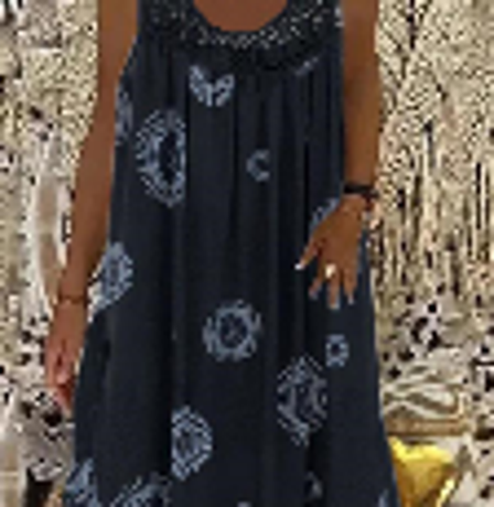 2026 European & American Women's Digital Print Off-Shoulder Strap Loose Lace Casual Dress in Black
