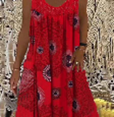 2026 European & American Women's Digital Print Off-Shoulder Strap Loose Lace Casual Dress in Red