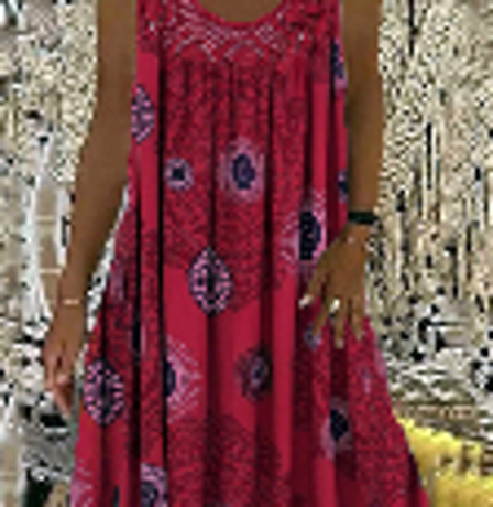 2026 European & American Women's Digital Print Off-Shoulder Strap Loose Lace Casual Dress in Rose Red
