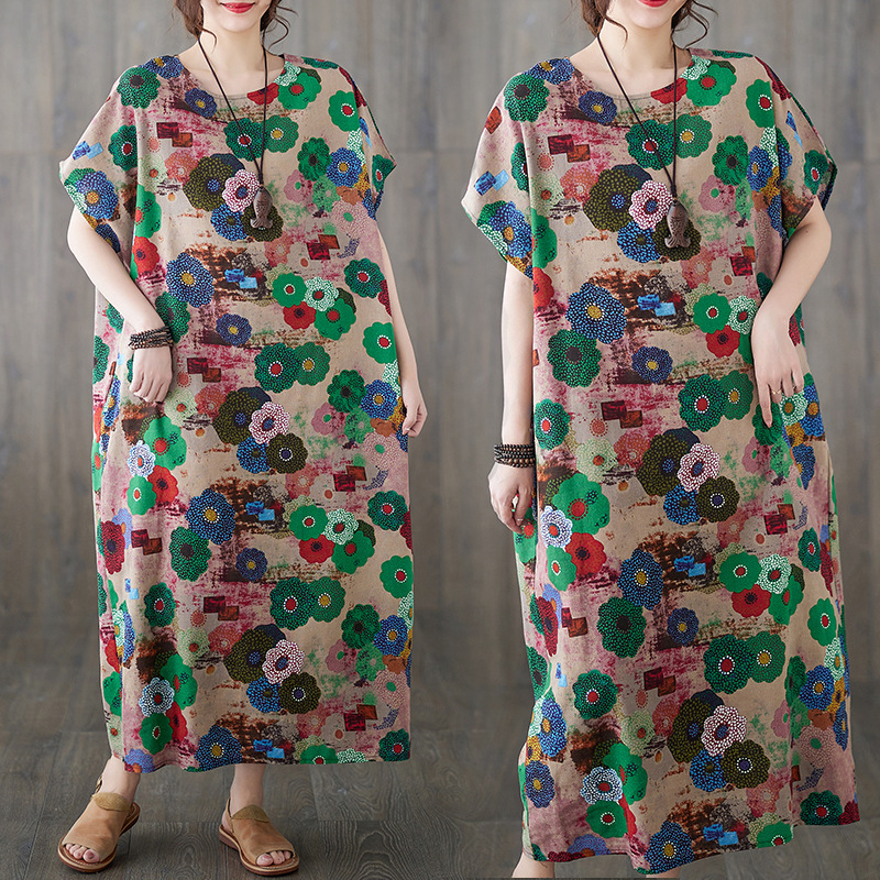 Ethnic Elements Cotton & Linen Robe Dress — Artistic Retro Mid-length Dress in Multicolour floral — dual view