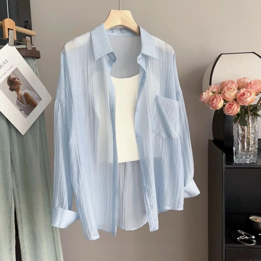 Tencel Wrinkled Thin Sun Protection Shirt for Women — 2025 Spring & Summer Cardigan Jacket, High-End Air-Conditioned Shirt